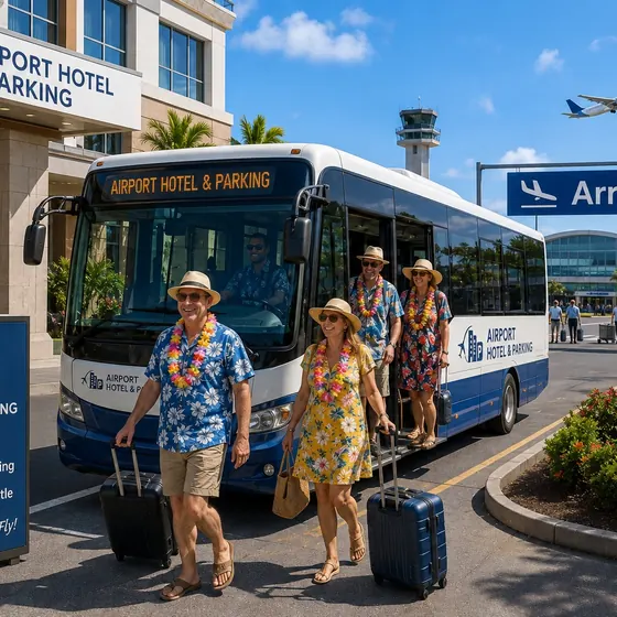 Returning travelers leaving an airport shuttle